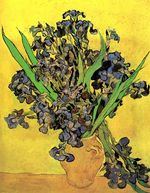 Still Life Vase with Irises Against a Yellow Background